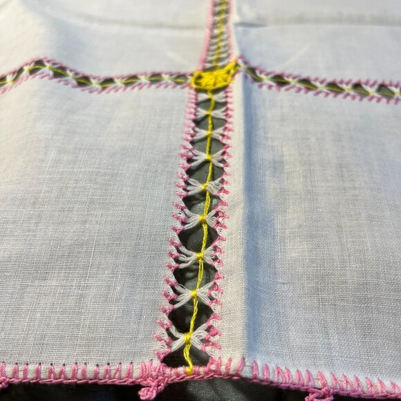 Delicate Vintage White, Pink and Yellow Linen Table Cloth 36.5 x 34 inches - Picture 2 of 4